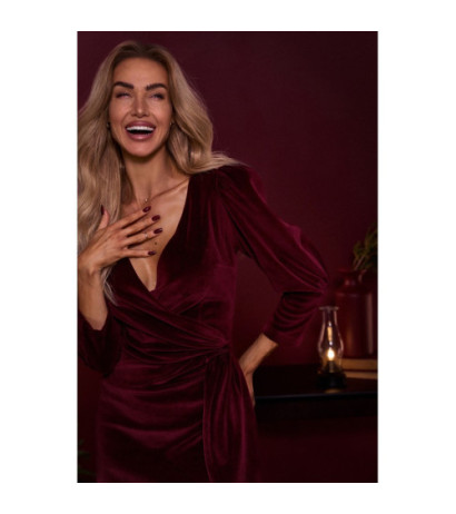M829 Welurowa sukienka wieczorowa z szarfą - bordowa