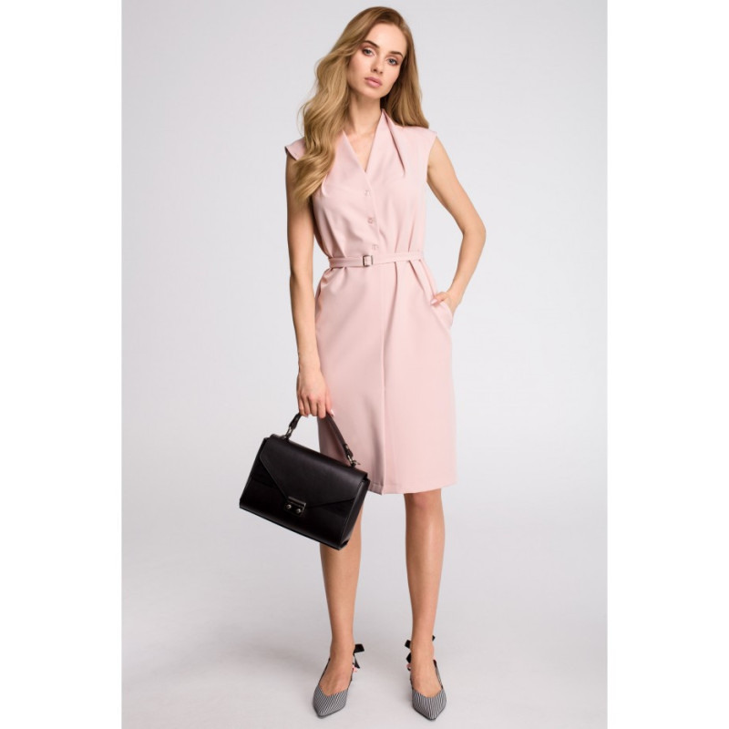 S102 Sukienka szmizjerka bez rękawów - pudrowa