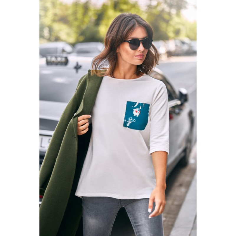 B095 Bluzka ze wstawkami w kwiaty - ecru