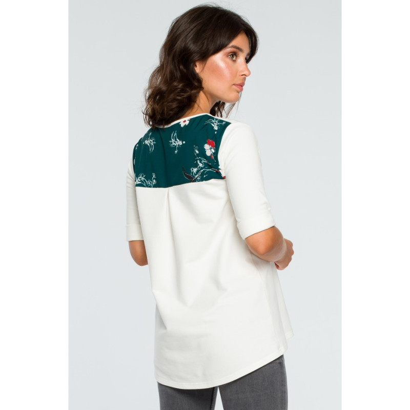 B095 Bluzka ze wstawkami w kwiaty - ecru