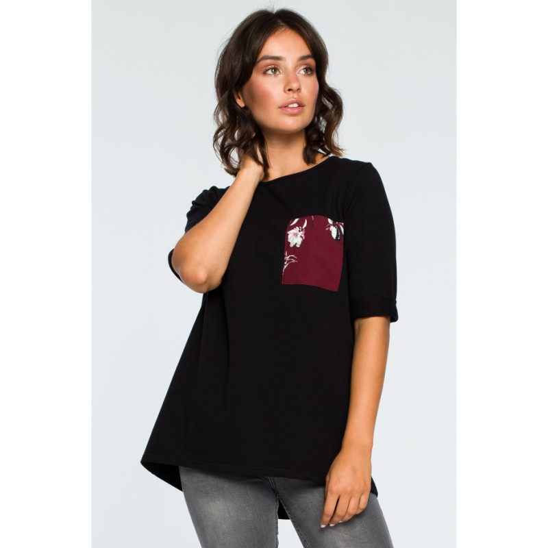 B095 Bluzka ze wstawkami w kwiaty - czarna
