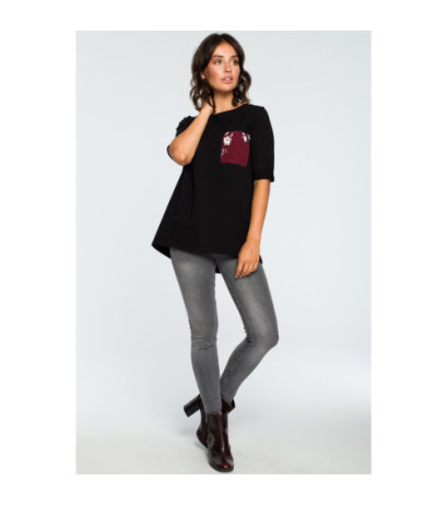 B095 Bluzka ze wstawkami w kwiaty - czarna