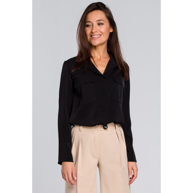 S144 Luźna bluzka koszulowa - czarna