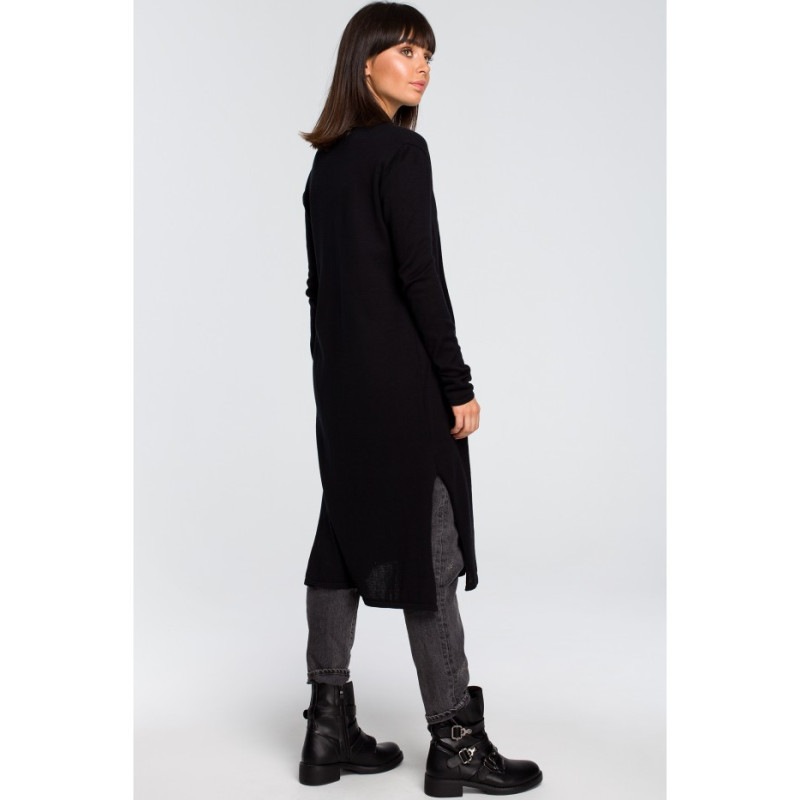 BK022 Długi kardigan z podwójnym kołnierzem - czarny