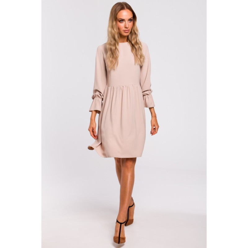 M465 Sukienka z rękawami i falbanką - beżowa
