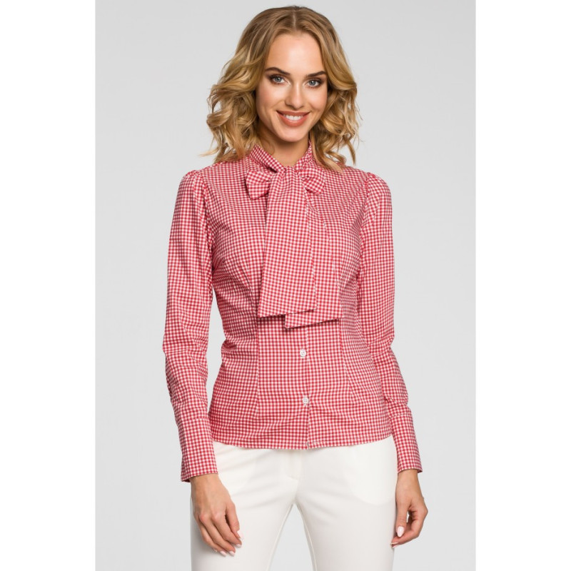 M089 Oryginalna koszula w kratkę z kokardą i długim rękawem - czerwona