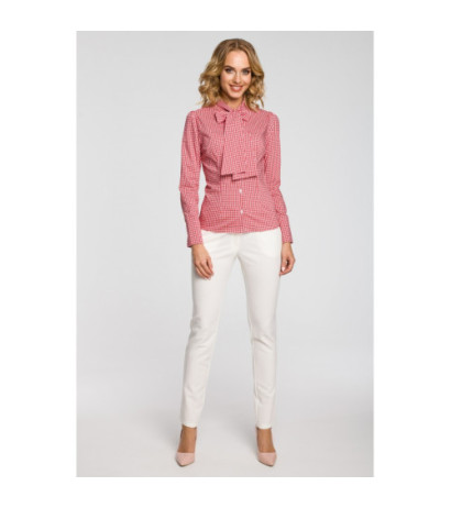 M089 Oryginalna koszula w kratkę z kokardą i długim rękawem - czerwona