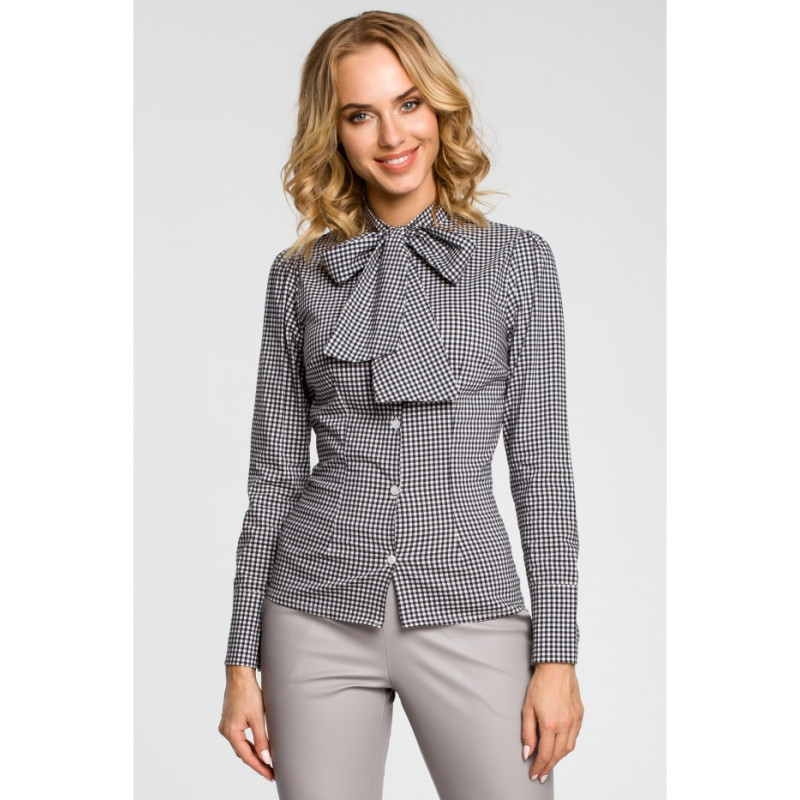 M089 Oryginalna koszula w kratkę z kokardą i długim rękawem - czarna
