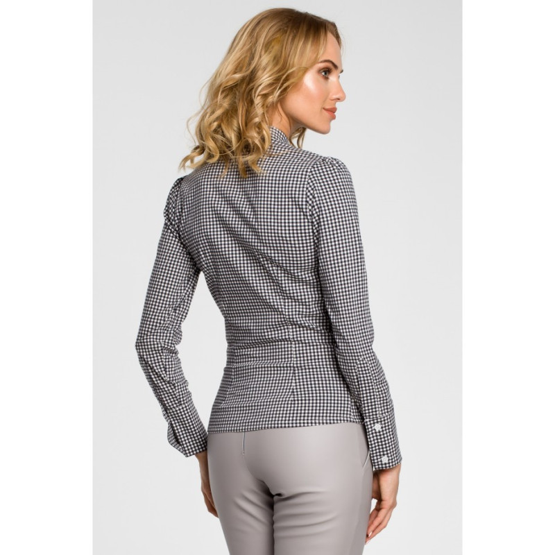M089 Oryginalna koszula w kratkę z kokardą i długim rękawem - czarna