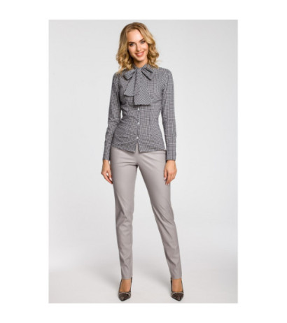 M089 Oryginalna koszula w kratkę z kokardą i długim rękawem - czarna