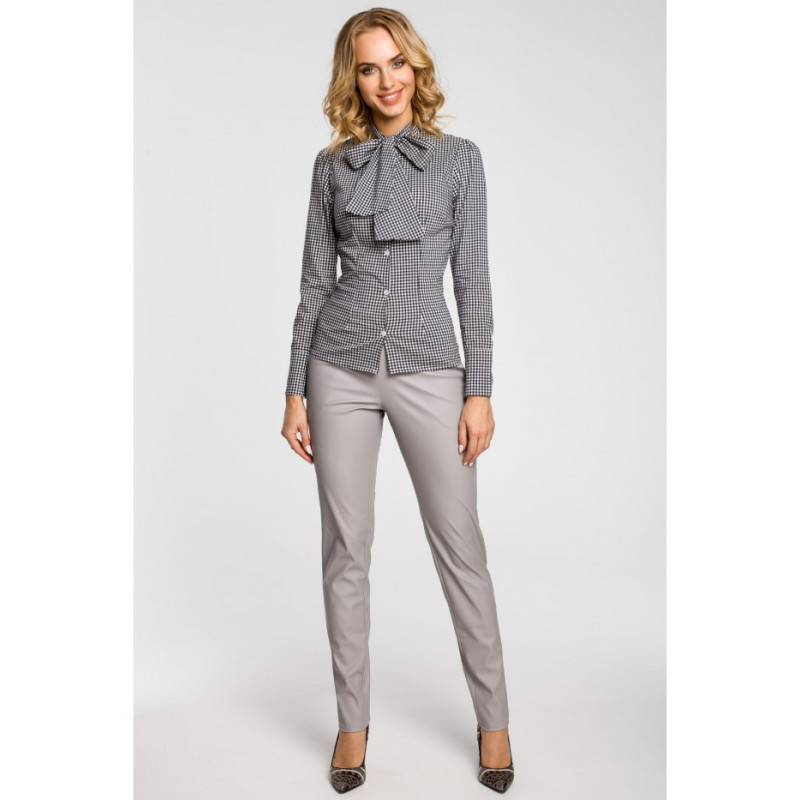 M089 Oryginalna koszula w kratkę z kokardą i długim rękawem - czarna