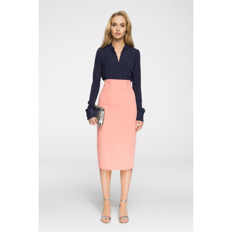 S065 Elegancka ołówkowa spódniczka midi - łososiowa