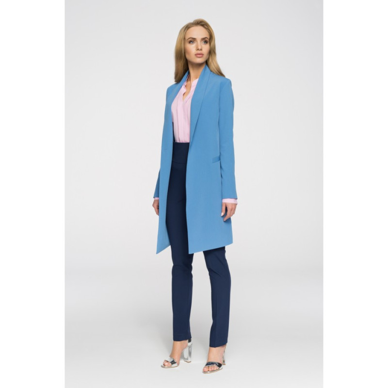 S071 Długi niezapinany blezer damski - niebieski