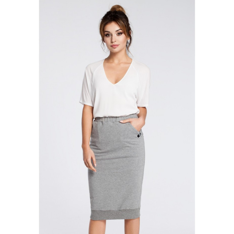 B031 Ołówkowa spódniczka midi z rozcięciem - szara