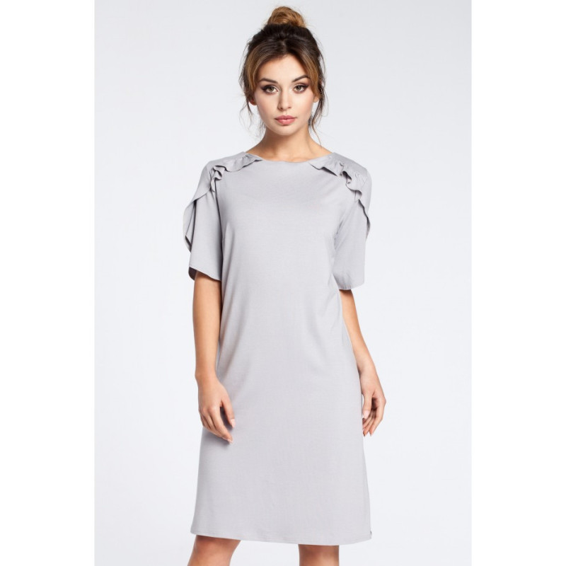 B035 Elegancka sukienka midi z falbankami - szara
