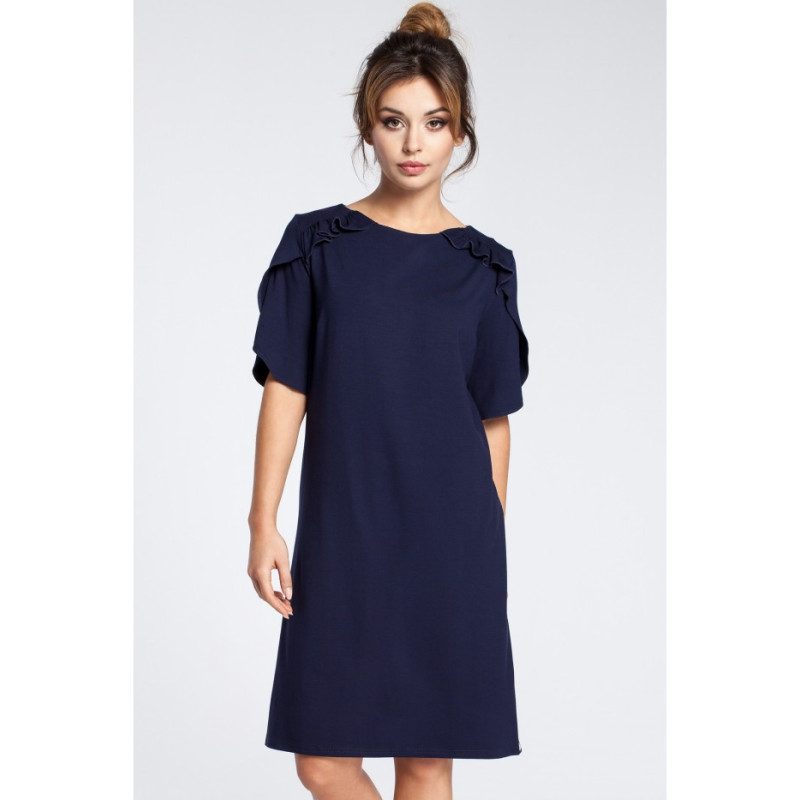 B035 Elegancka sukienka midi z falbankami - granatowa