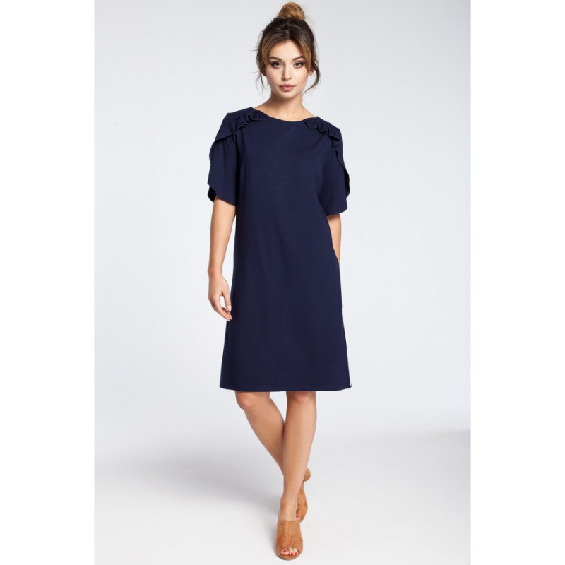 B035 Elegancka sukienka midi z falbankami - granatowa