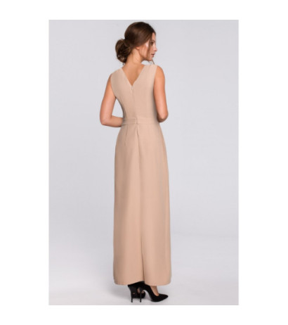 K012 Długa sukienka wieczorowa z koronkowym dołem - beżowa