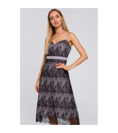 M483 Sukienka na ramiączkach z ręcznie ciętej koronki - szara