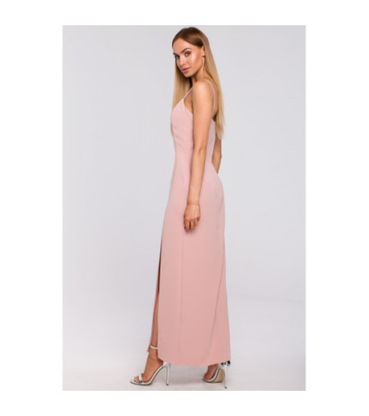 M485 Sukienka maxi na cienkich ramiączkach - pudrowa