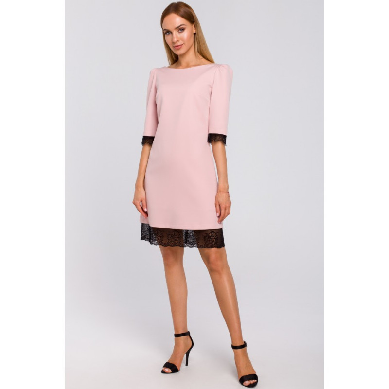 M489 Sukienka z dekoltem na plecach i koronką - pudrowa