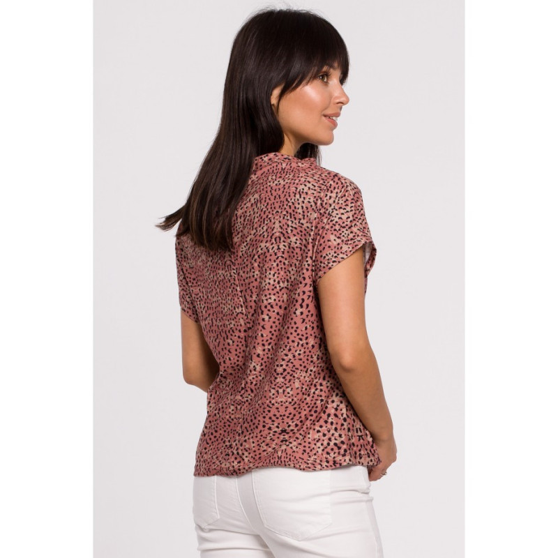 B145 Bluzka z nadrukiem i krótkim rękawem - łososiowa