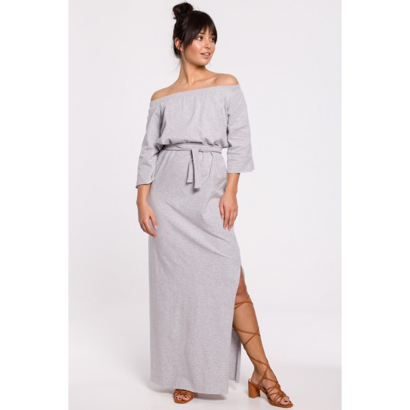 B146 Sukienka maxi z dekoltem rozkładanym na ramiona - szara