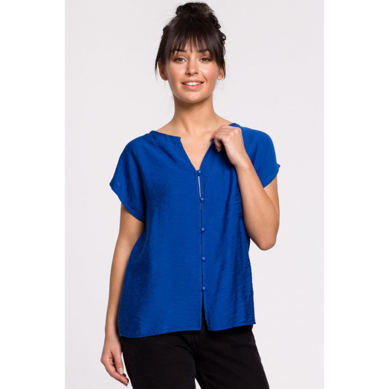 B150 Bluzka z krótkim rękawem zapinana na guziki - chabrowa