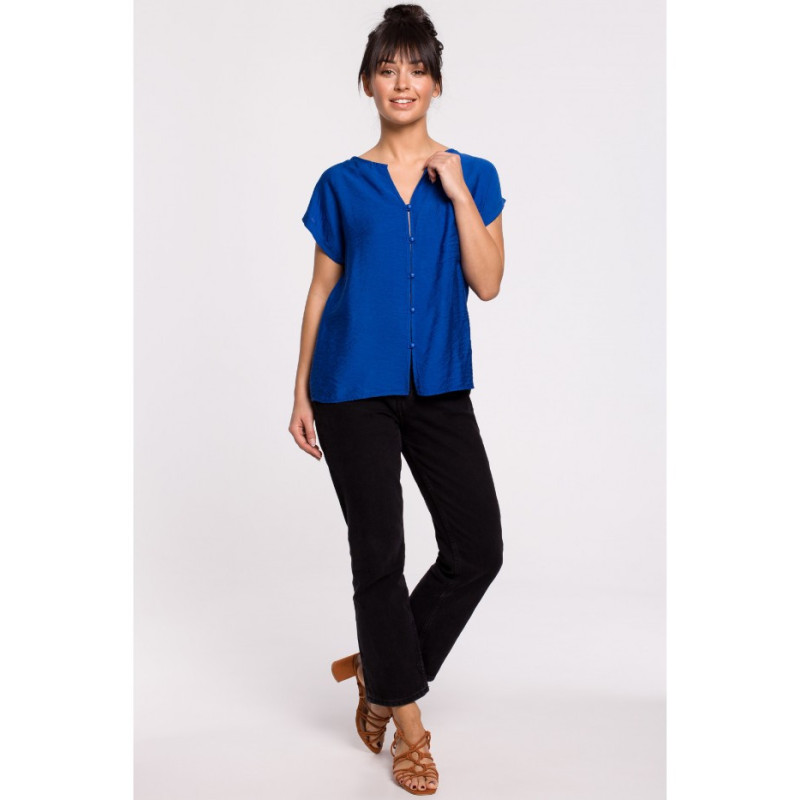 B150 Bluzka z krótkim rękawem zapinana na guziki - chabrowa