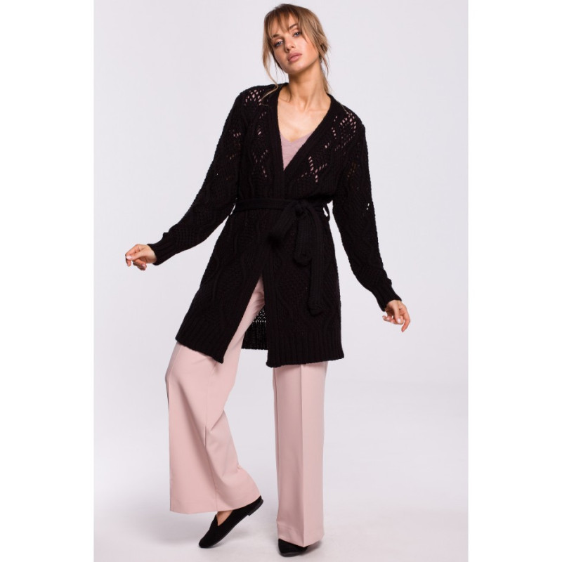 M512 Ażurowy kardigan z paskiem - czarny