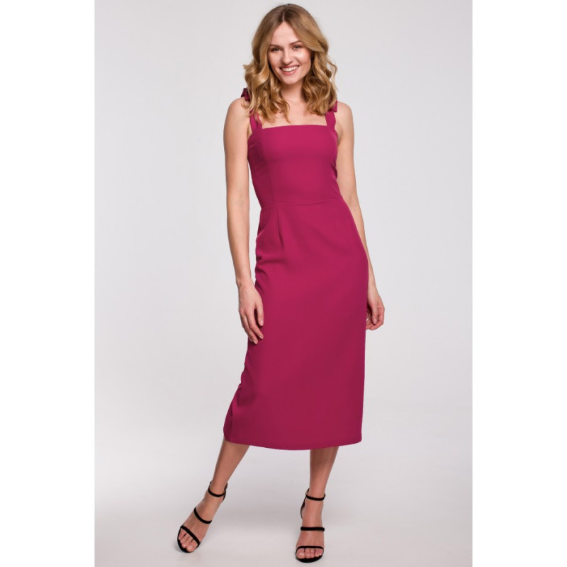 K046 Sukienka midi z wiązanymi ramiączkami - śliwkowa