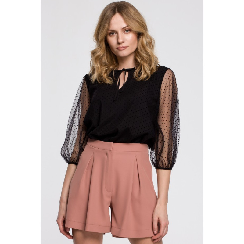 K057 Bluzka z bufiastymi rękawami i wiązaniem pod szyją - czarna