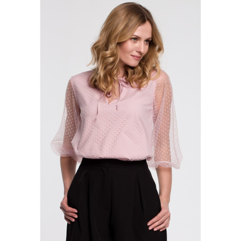 K057 Bluzka z bufiastymi rękawami i wiązaniem pod szyją - pudrowa