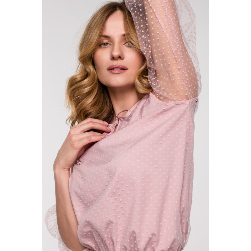 K057 Bluzka z bufiastymi rękawami i wiązaniem pod szyją - pudrowa