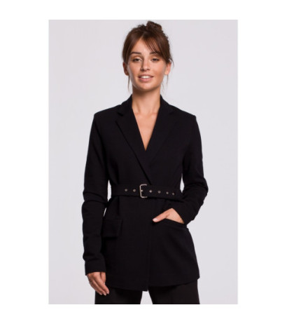 B159 Niezapinany żakiet z paskiem i klamrą - czarny