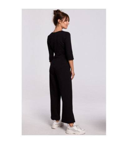 B174 Nowoczesny kombinezon z szerokimi nogawkami - czarny