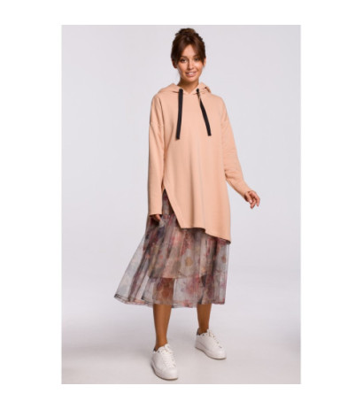 B179 Bluza z kapturem i asymetrycznym rozcięciem - beżowa