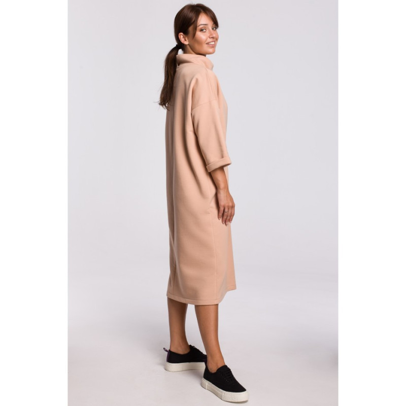 B181 Sukienka midi z ozdobnym wiązaniem z przodu - beżowa