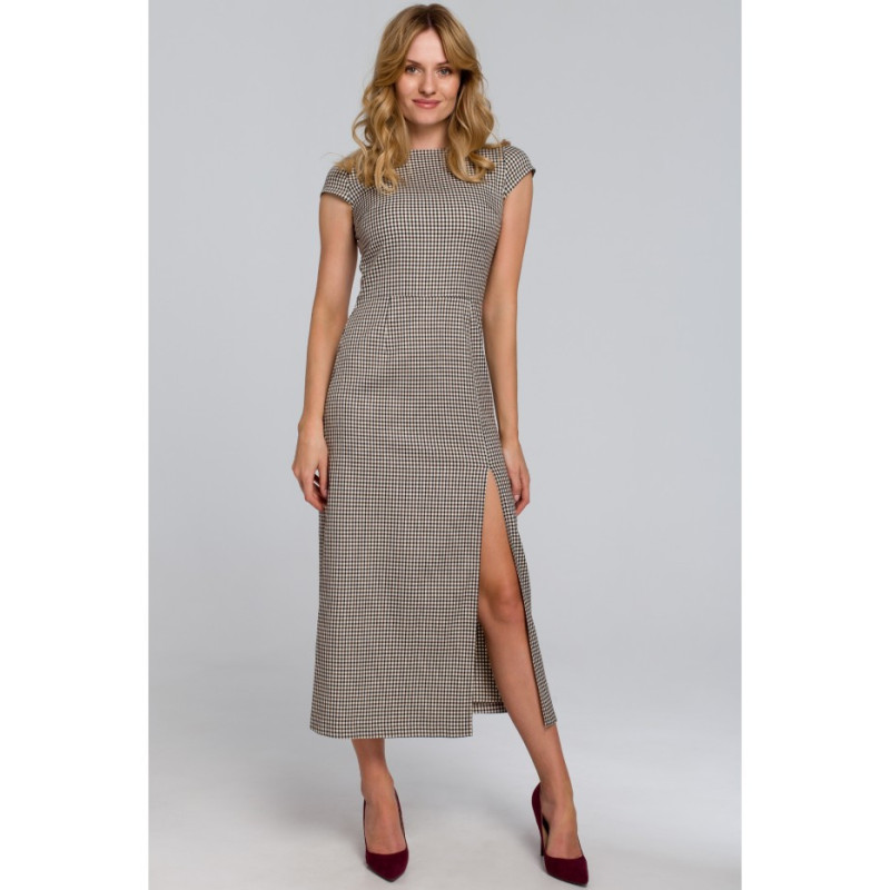 K071 Sukienka midi z półrękawkami - brązowa