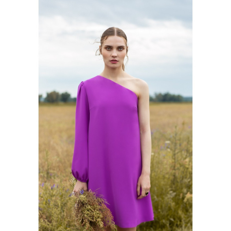 K081 Sukienka na jedno ramię - lawendowa