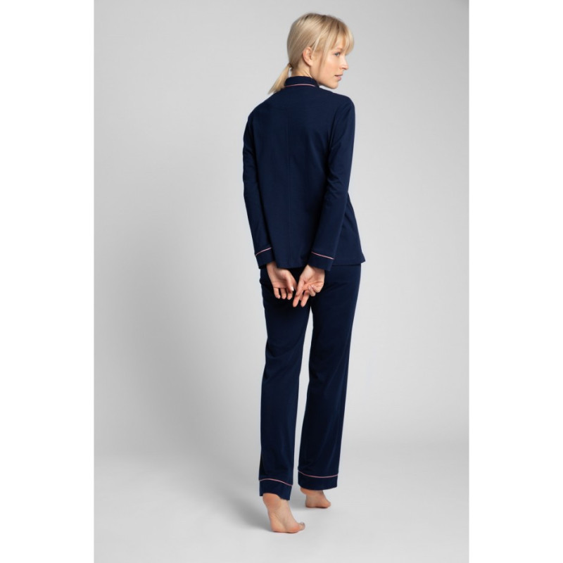 LA019 Bawełniana koszula od piżamy z kołnierzykiem - granatowa