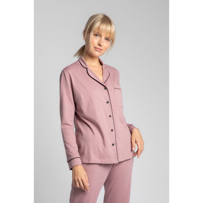 LA019 Bawełniana koszula od piżamy z kołnierzykiem - wrzosowa