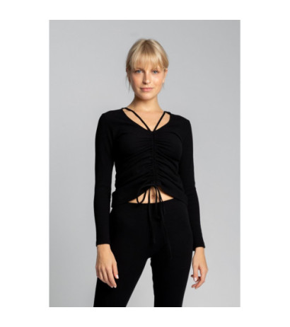 LA038 Bawełniana bluzka z dzianiny prążkowanej - czarna