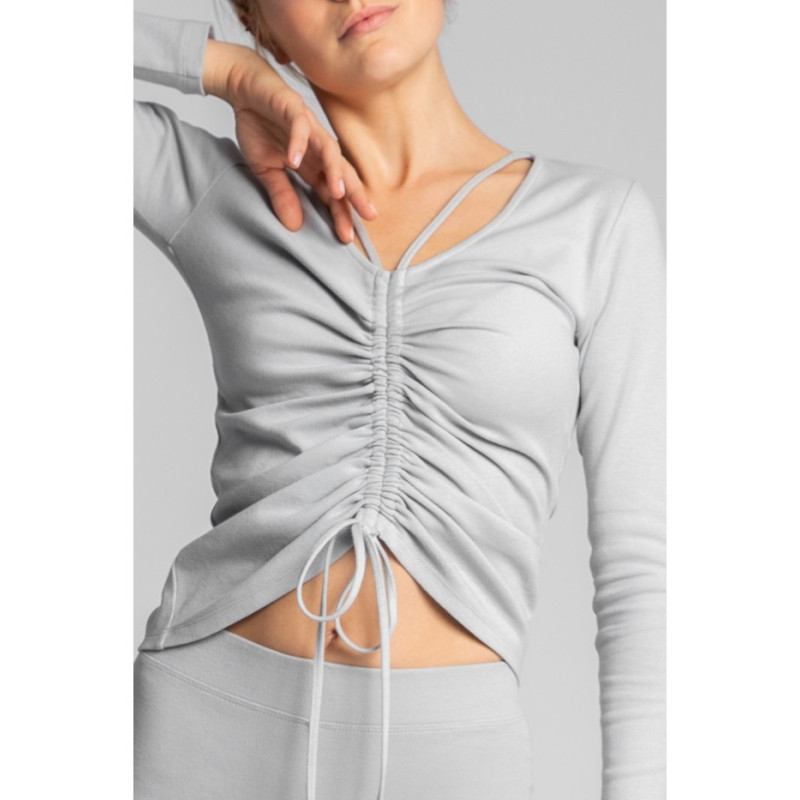 LA038 Bawełniana bluzka z dzianiny prążkowanej - popielata