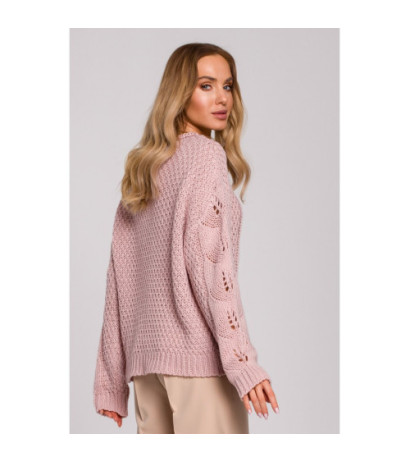 M600 Sweter Z Ażurowym Wzorem - pudrowy