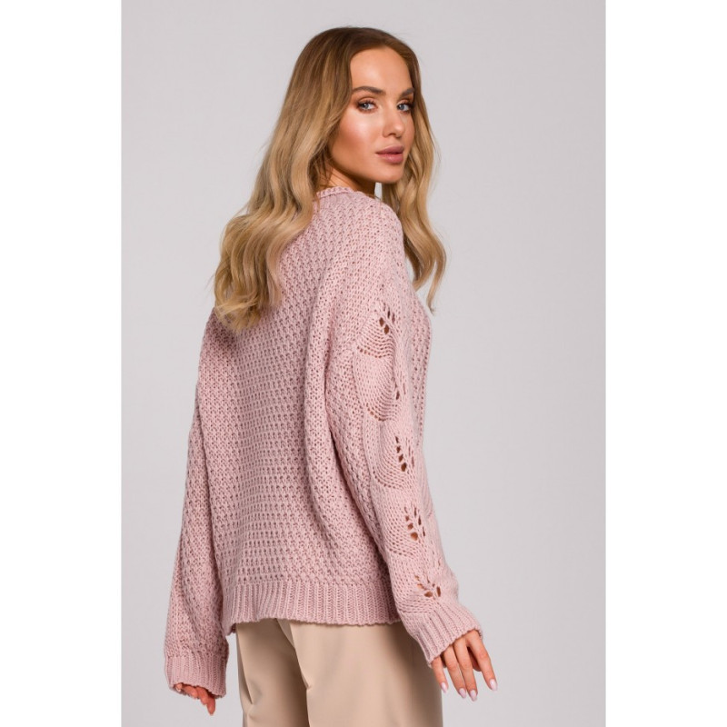 M600 Sweter Z Ażurowym Wzorem - pudrowy