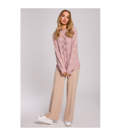 M600 Sweter Z Ażurowym Wzorem - pudrowy