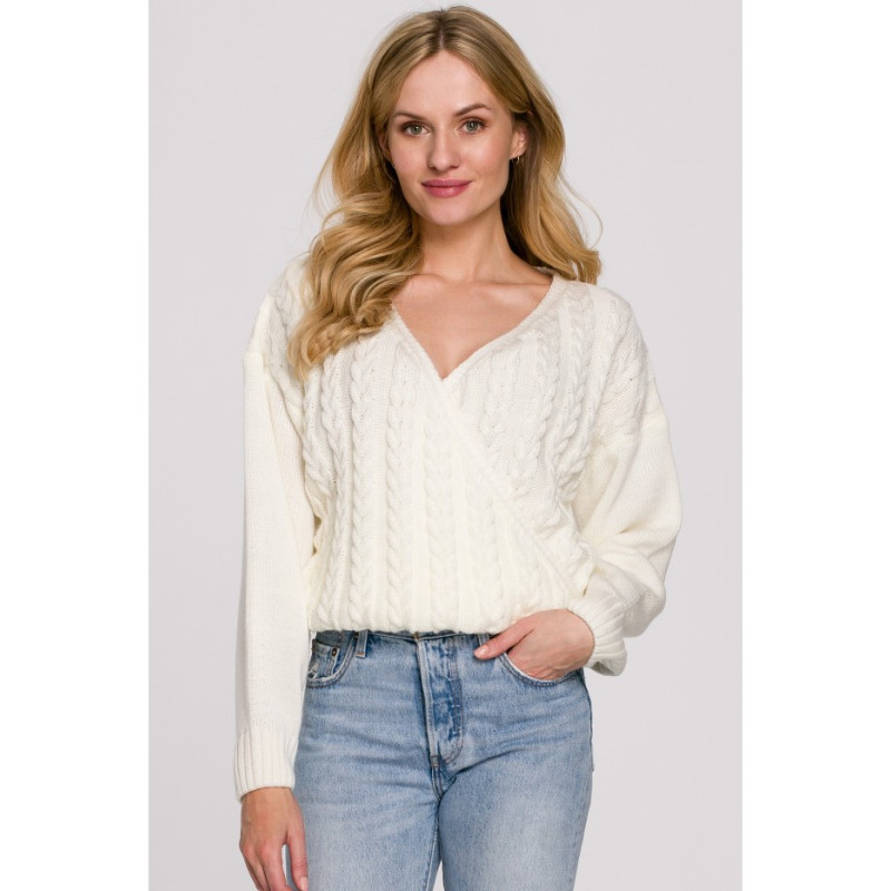 K105 Sweter krótki na zakładkę - ecru