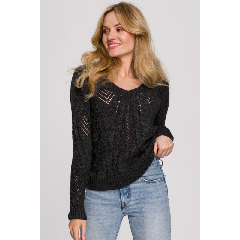 K106 Sweter krótki ażurowy - grafitowy