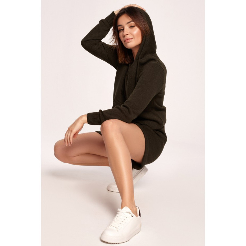 BK064 Sweter z kapturem i kieszenią kangurek - khaki